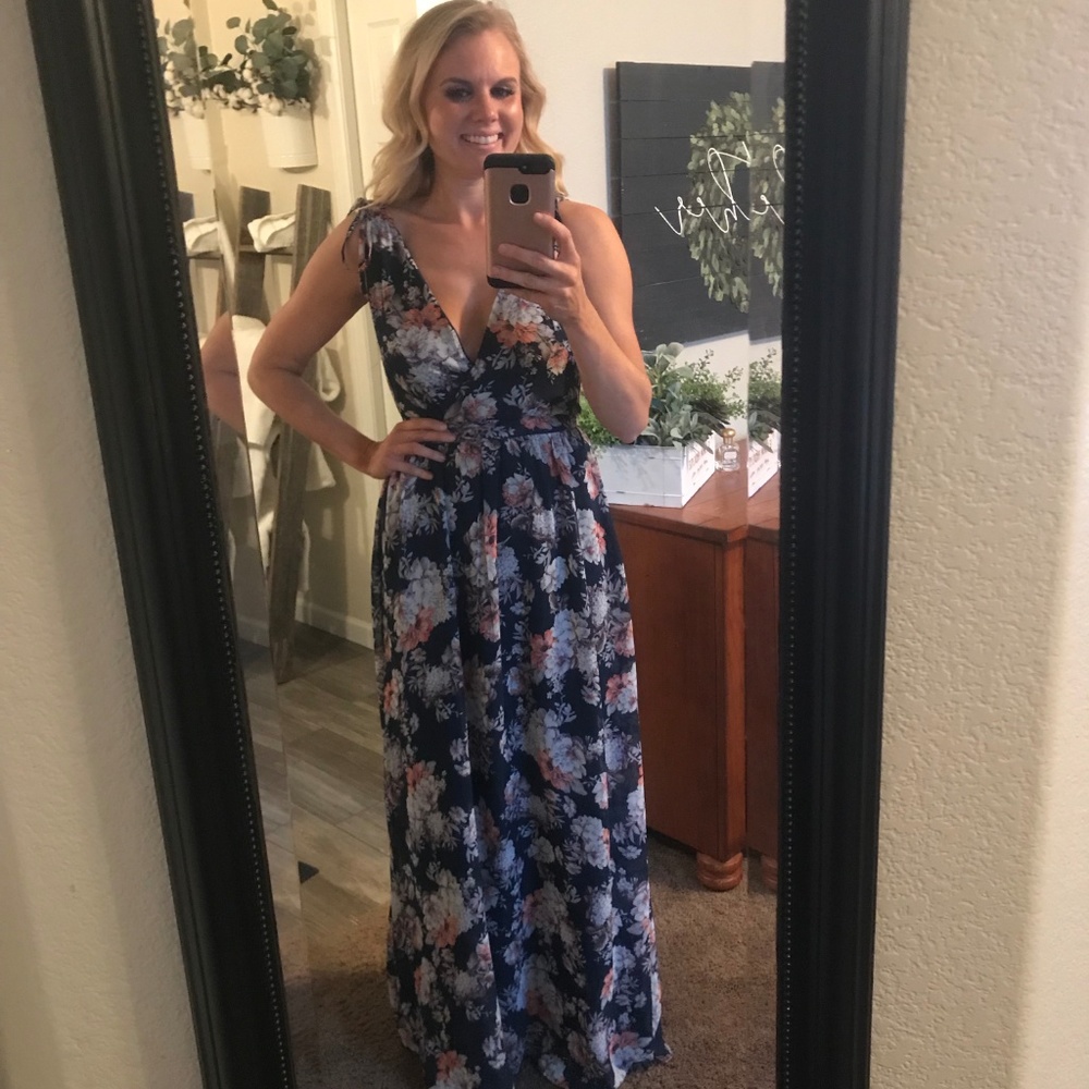 Long Navy Blue Floral Wedding or Prom Dress - Picture 3 of 5